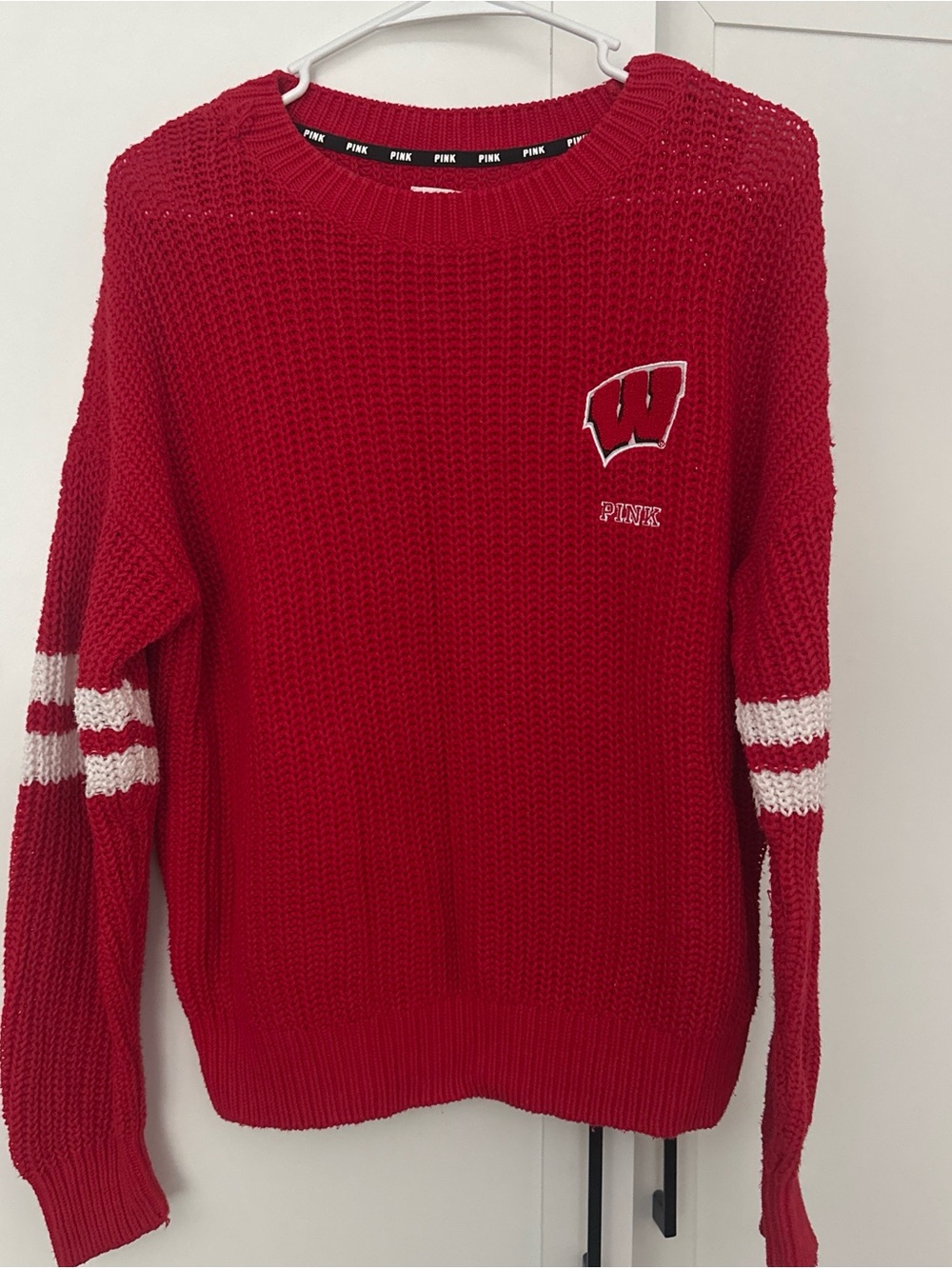 Wisconsin BadgePINK Victoria's Secret Red Knit Sweater with White Sleeve Stripes